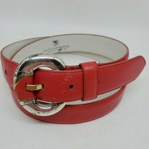 80s Vtg Schuchard & Friese W Germany Red Leather Belt Art Deco Buckle Sz 32/90